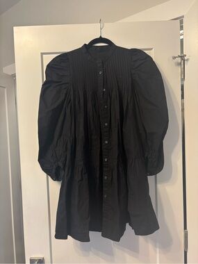 Black Puff Sleeve Button-Front Tunic Dress